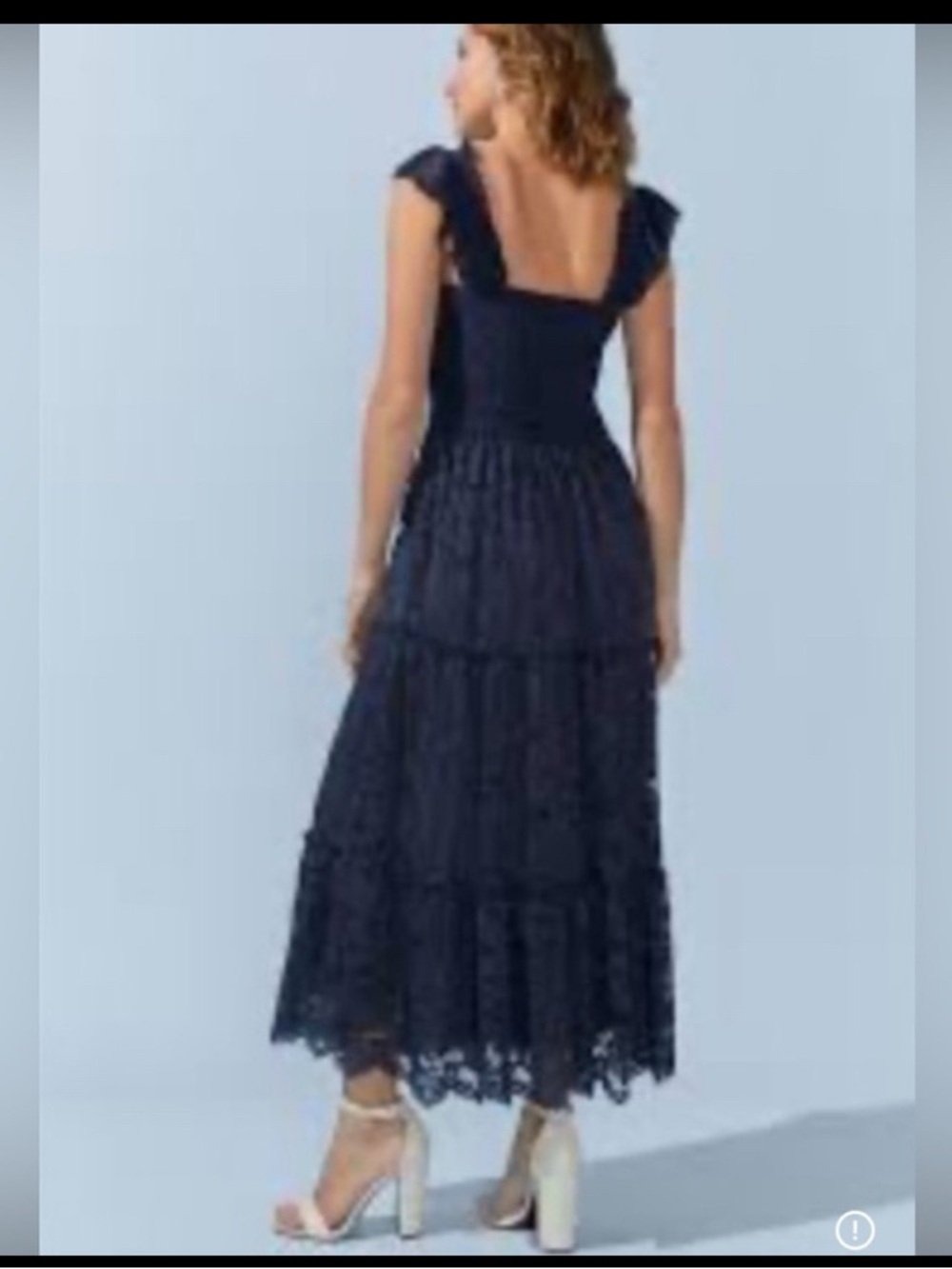 NWT Francesca's Audrey Parks Navy Lace Midi Dress Smocked Ruffle Wedding Guest M